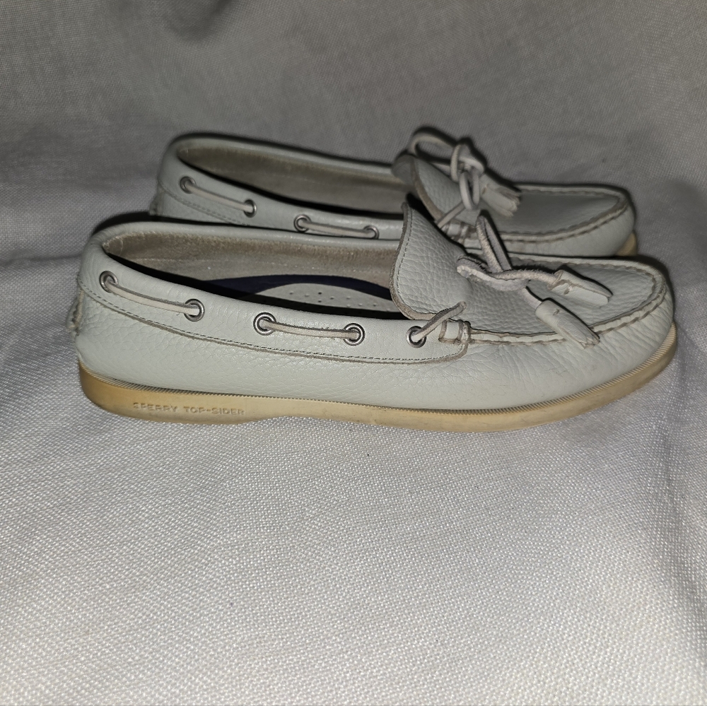 Sperry Top Sider Off White Ivory Cream Leather Boat Shoes Sz. 9M Leather Upper